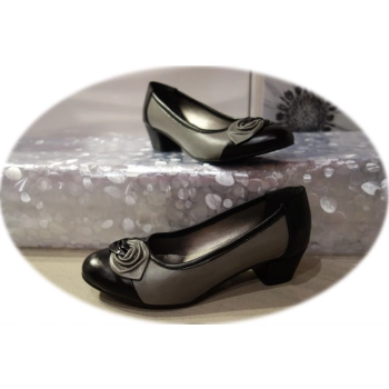 Skórzane czółenka popielato-czarne obcas 3,5 cm nr 36