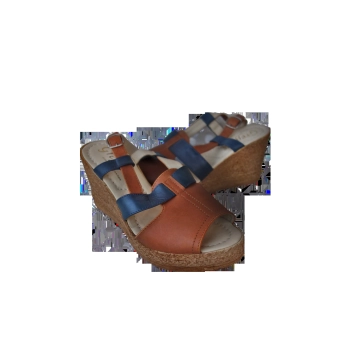 Skórzane sandały brązowo-granatowe koturn 8 cm nr 38