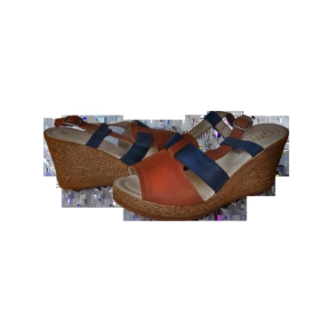 Skórzane sandały brązowo-granatowe koturn 8 cm nr 38